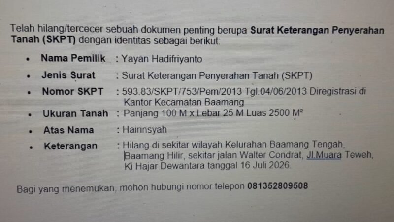 Dokumen SKPT Atas Nama Hairinsyah Hilang